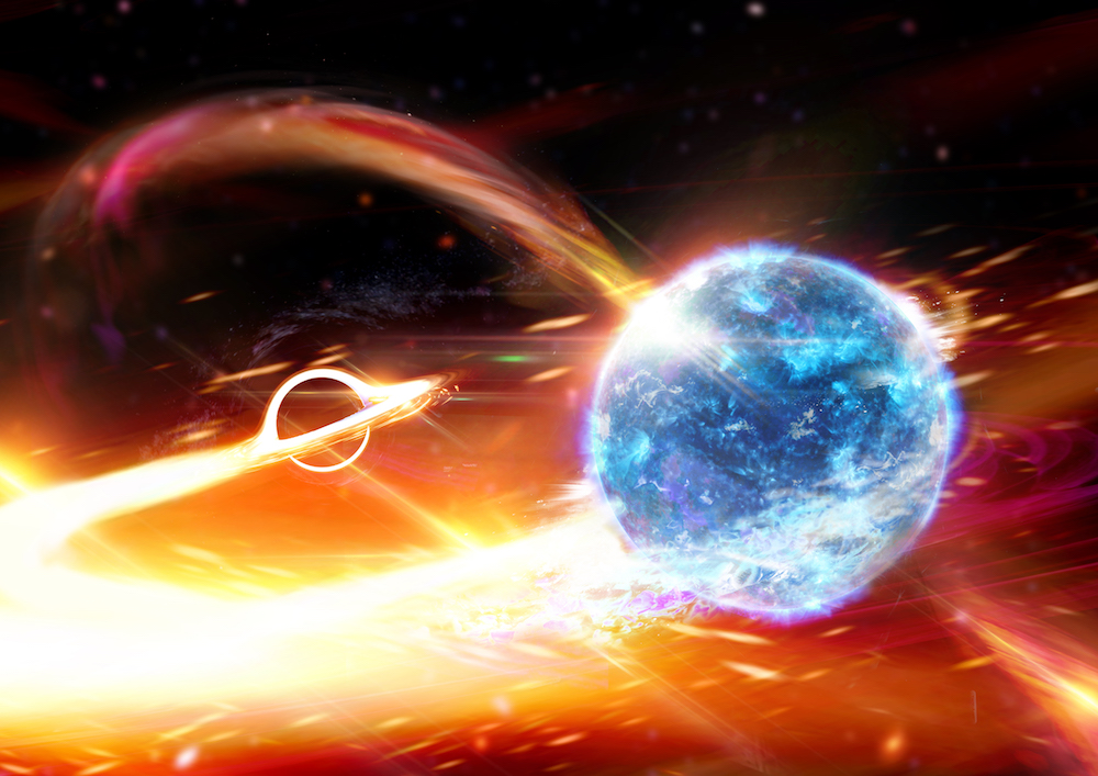 An artist’s rendering of the progenitors of GW190814, in which a massive black hole merged with a compact object of unknown type. The artist depicts the latter as a massive neutron star.