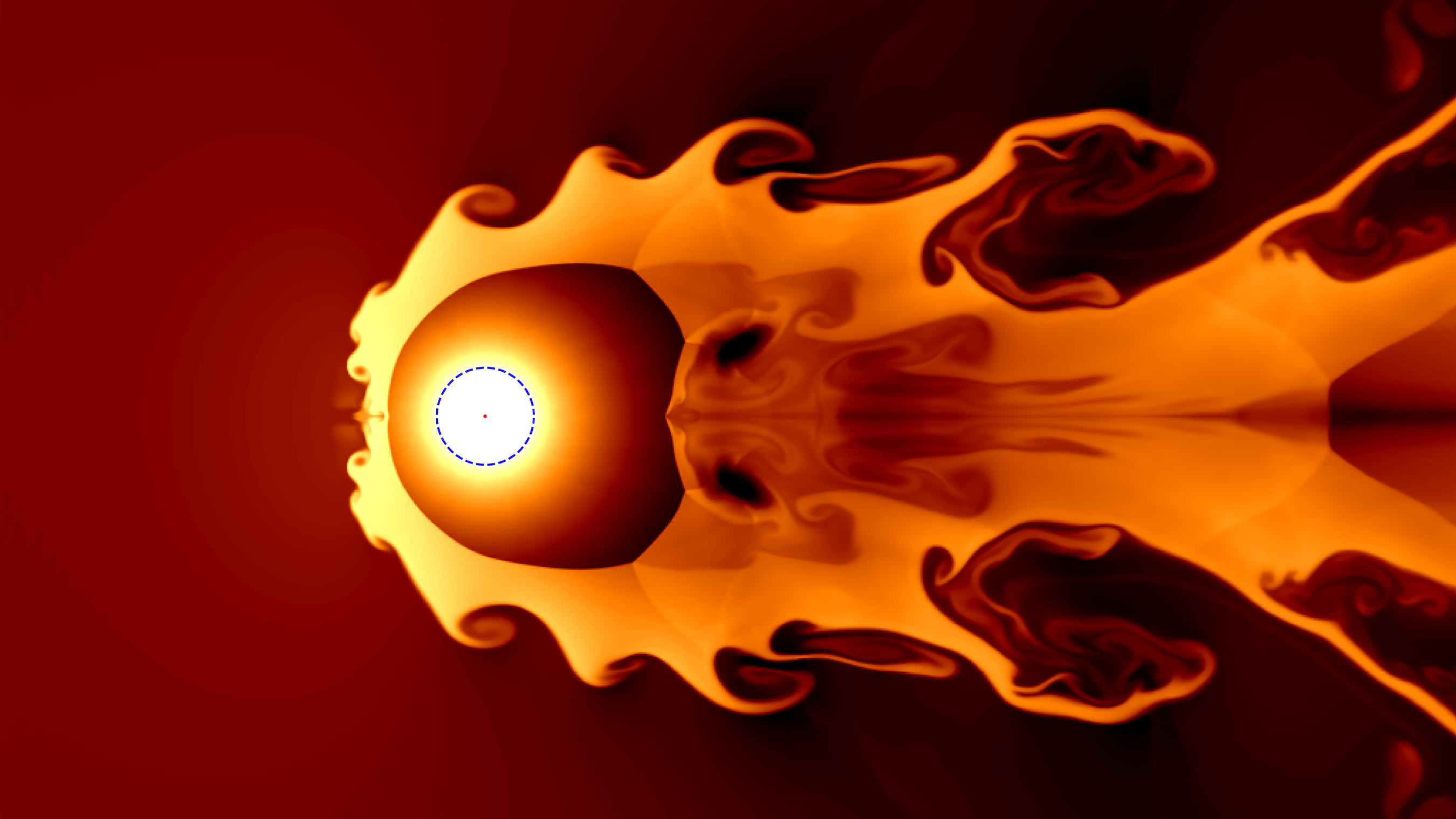 Simulation of a 20pc supernova blast wave pushing back solar wind.