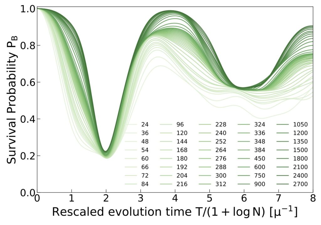 Graph showing Survival Probability (y-axis) and Rescaled Evolution Time (x-axis)