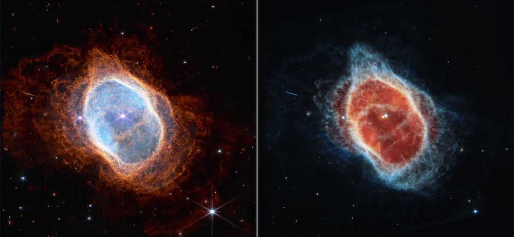 Side-by-side comparison shows observations of the Southern Ring Nebula in near-infrared light, at left, and mid-infrared light, at right