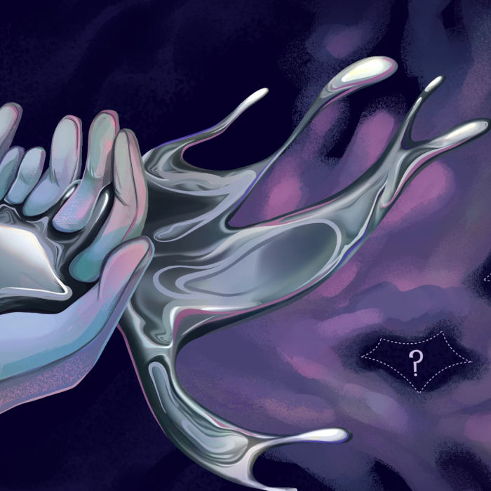 Illustration of hands containing a mysterious substance on a purple background